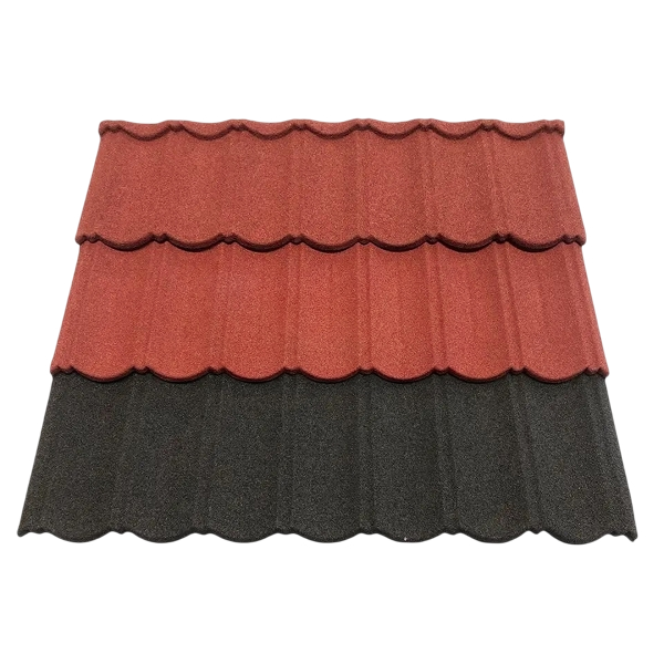 A front-facing view shows an upper reddish-brown roofing sample overlapping a lower charcoal-gray sample. Both broad surfaces have granular finishes and repeated wave-shaped tile courses. The samples fill the frame.
