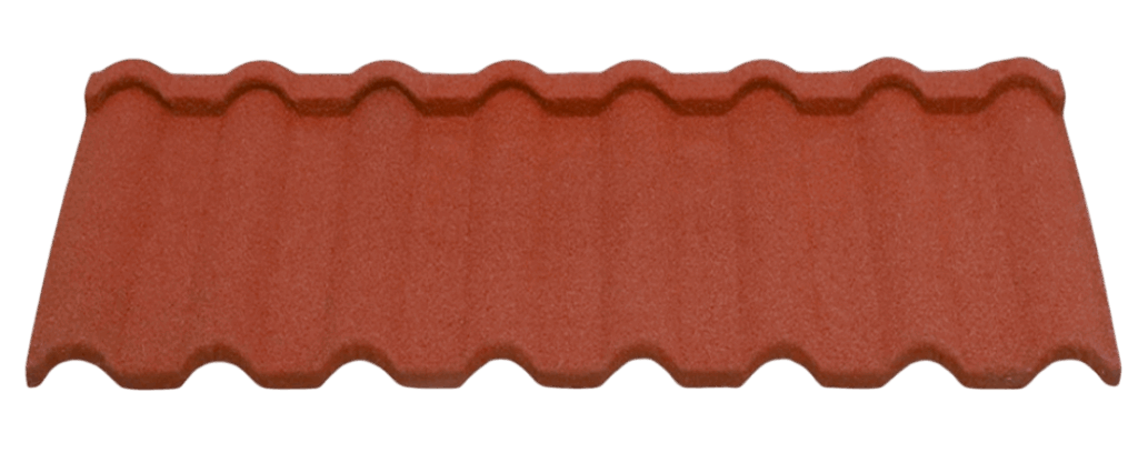 An isolated reddish-brown roof panel is centered on a plain white background. Its surface has repeated rounded raised ridges across its width and a darker outline along the edges. No other objects or visible text appear.
