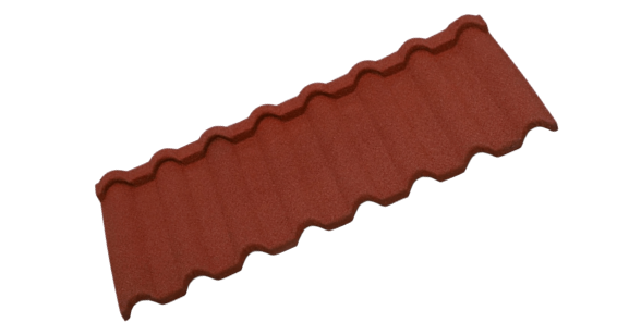 A narrow red-brown profiled roofing strip lies diagonally. Repeated curved ridges run across its width, with shallow wavy edges along both long sides. The strip is shown alone at an oblique angle.