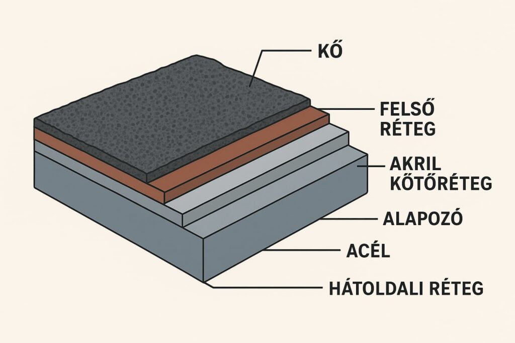 A labeled cutaway diagram shows a layered roofing sheet as an offset stack of thin colored bands above a gray base layer. Leader lines identify visible layers using Hungarian text, including “KŐ,” “FELSŐ RÉTEG,” “AKRIL KŐTÖRÉTEG,” “ALAPOZÓ,” “ACÉL,” and “HÁTOLDALI RÉTEG.” The top layer is dark gray and textured, while lower layers are brown and several shades of gray.