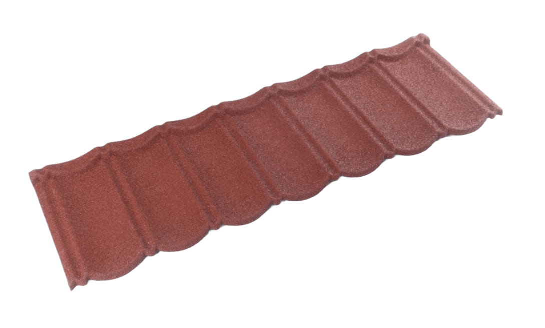 A reddish terracotta roofing panel is shown diagonally. Its granular surface is divided by several raised crosswise ribs into repeated tile-like sections. The lower edge forms a sequence of rounded scallops.