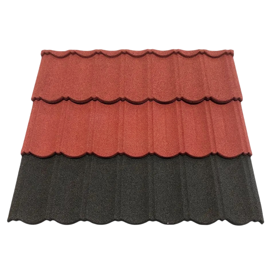 Three overlapping roof-covering samples are arranged in horizontal bands against a white background. Two upper pieces are red to terracotta, while the lower piece is dark gray. Their textured surfaces have repeated wave-like edges and staggered, tile-like patterns.