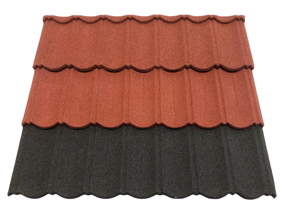 The image shows a cropped roofing surface formed from overlapping horizontal rows. The upper two bands are reddish terracotta, and the lower band is dark gray. Repeated raised curves and scalloped horizontal edges create a tile-like pattern.
